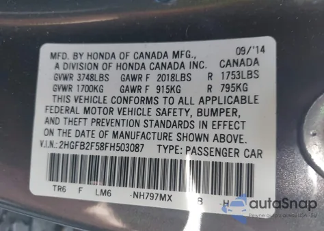 2015 Honda Civic Lx z USA, uszkodzony, nr VIN 2HGFB2F58FH503087